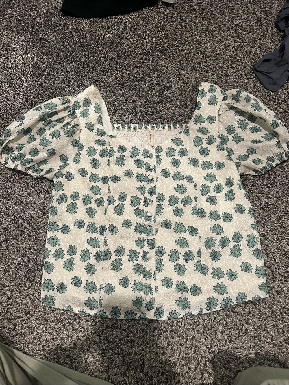 Roolee Floral Puff-Sleeve Square Neck Top in Teal and Cream